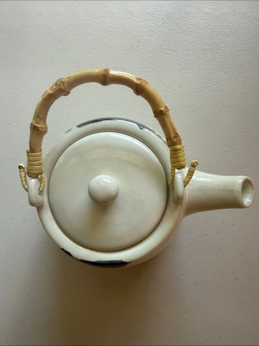 Cost Plus World Market Cream Ceramic Teapot with Bamboo Handle Dark Blue Accents